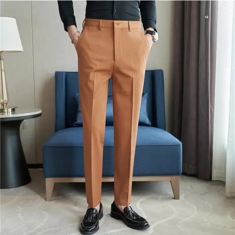 Calça formal bordada para homens, estilo coreano, fino para escritório, terno social, alta qualidade, streetwear, verão, 2022