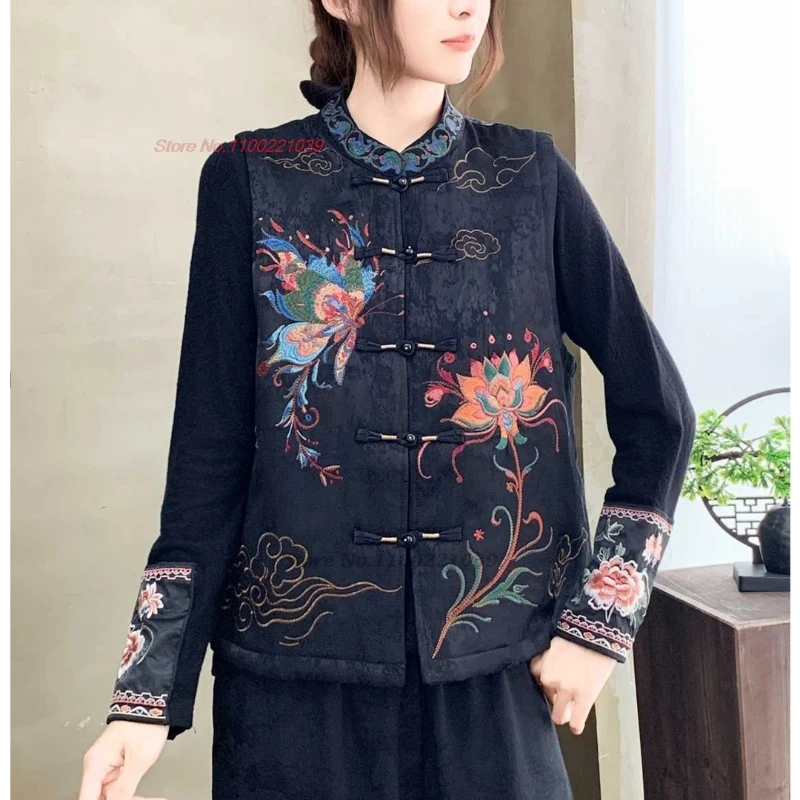 

2025 китайский винтажный атласный жаккардовый жилет с хлопковой подкладкой, традиционная цветочная вышивка, воротник-стойка, народный жилет, куртка без рукавов