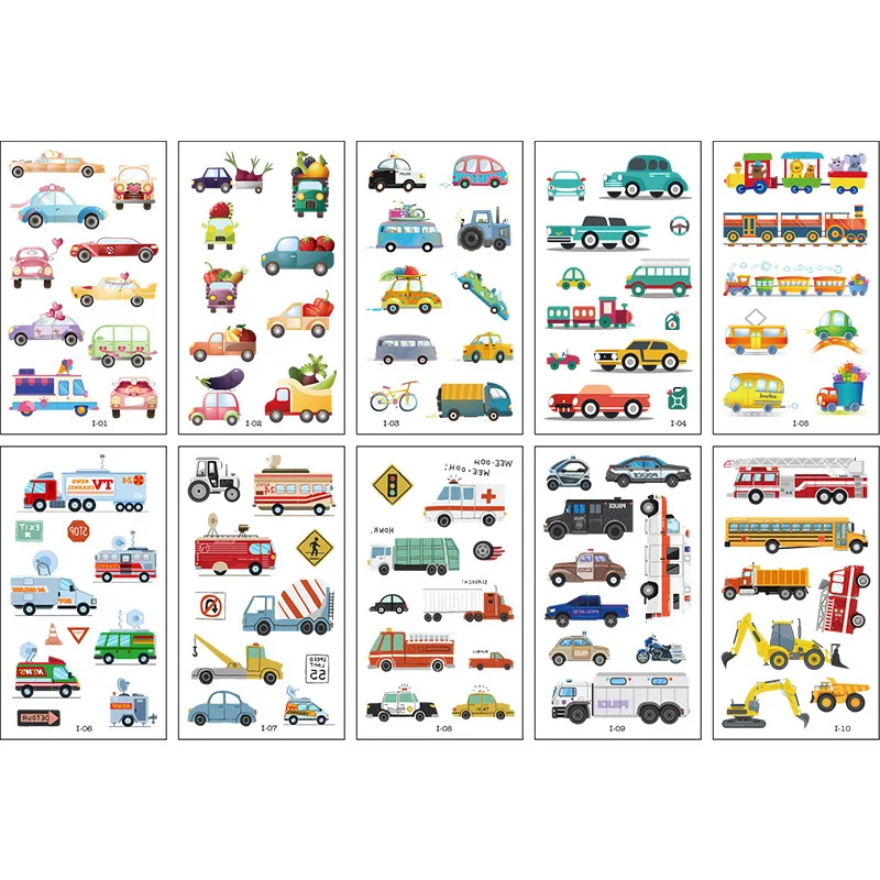 10 Pcs/Set Children Cute Cartoon Transport Tattoo Stickers for Kids Engineering Vehicle Cars Fake Temporary Tattoo Boys Gift