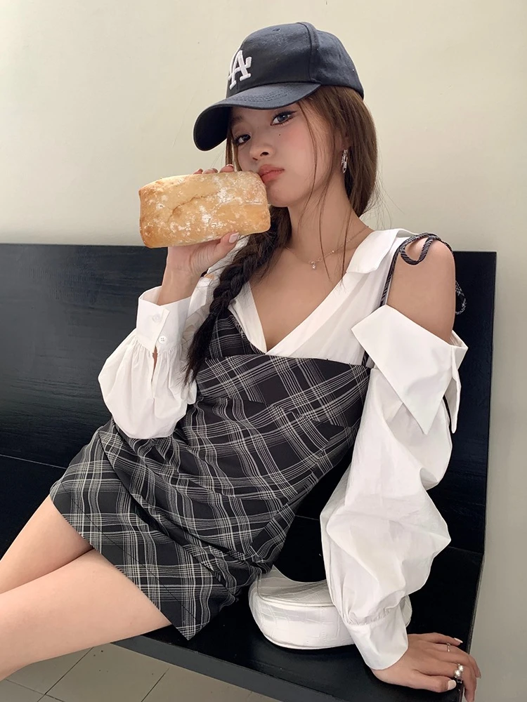Korean Style Pure Desire Vibe Fake Two Piece Checkered Bodycon Women Mini Dress 2026 Autumn New Waist Tight Trendy Dresses