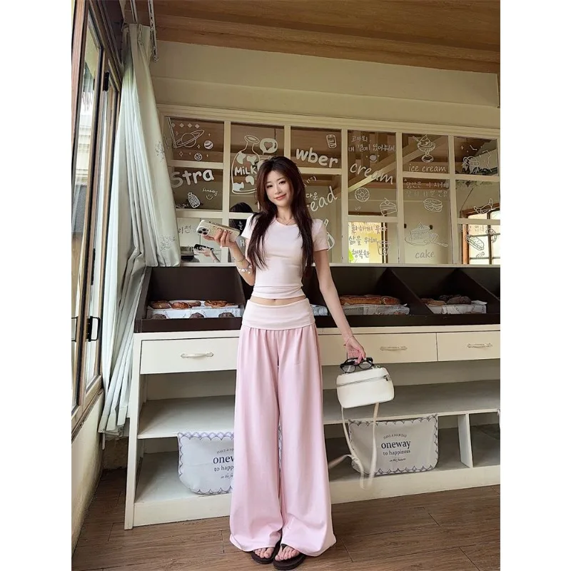 Korean-style Sweet Solid Round Neck Top Women Cropped Slimming Fitted Short-sleeve T-shirt + High-waisted Slimming Casual Pants - view 2