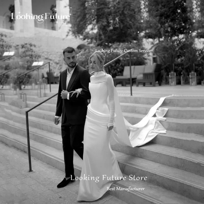 Vestido de novia de satén de sirena sencillo, tul, mangas largas, elegante, cuello alto, Formal, plisado, largo hasta el suelo, personalizado, 2025