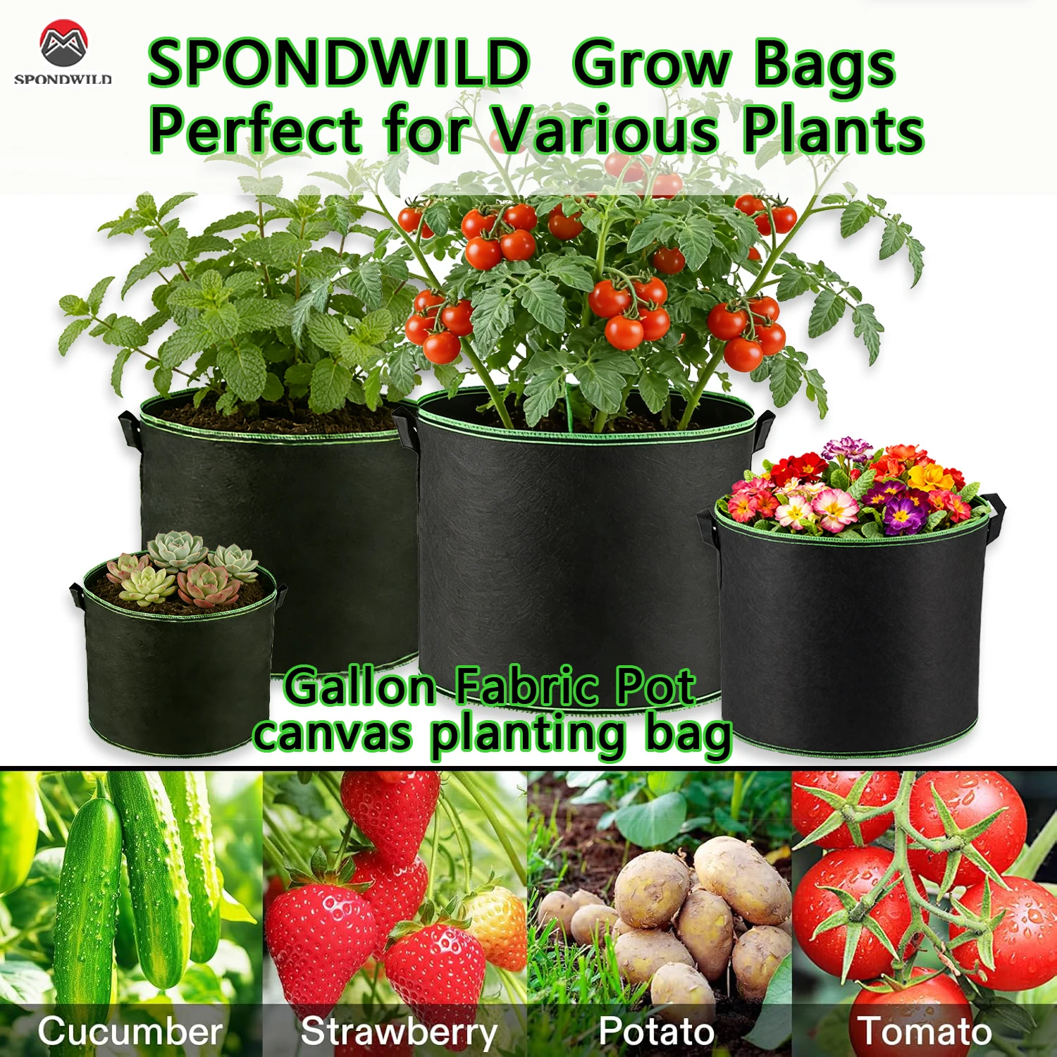 SPONDWILD Grow Bags with Handles 5/7/10/100 Gallon Fabric Pots for Tomato Potato Vegetable Tree Planting