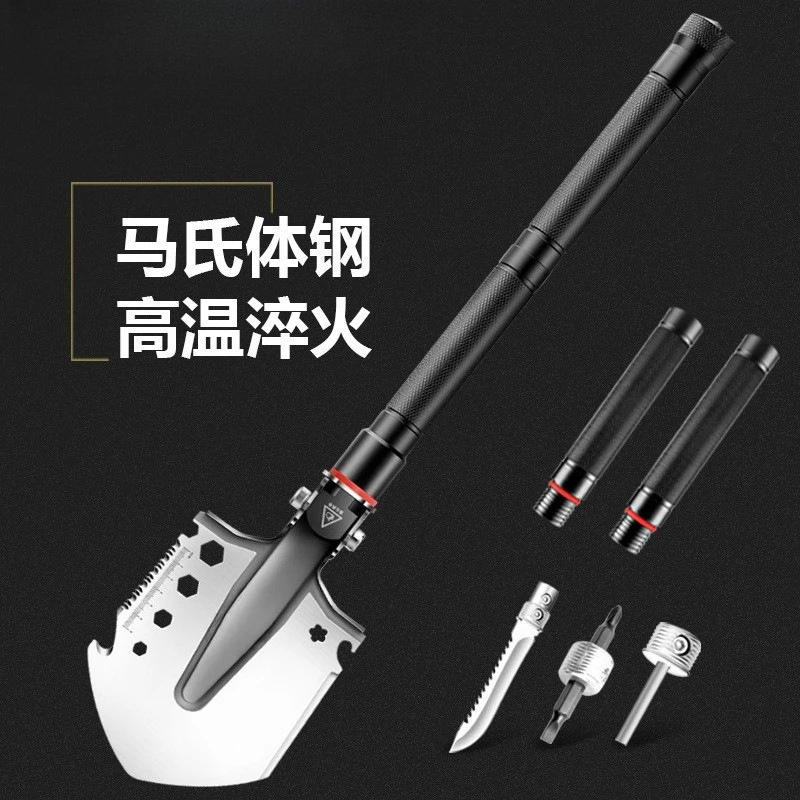 Multifunctional Folding Survival Shovel Manganese Steel Spade Flint Fire Starter Outdoor Camping Tool