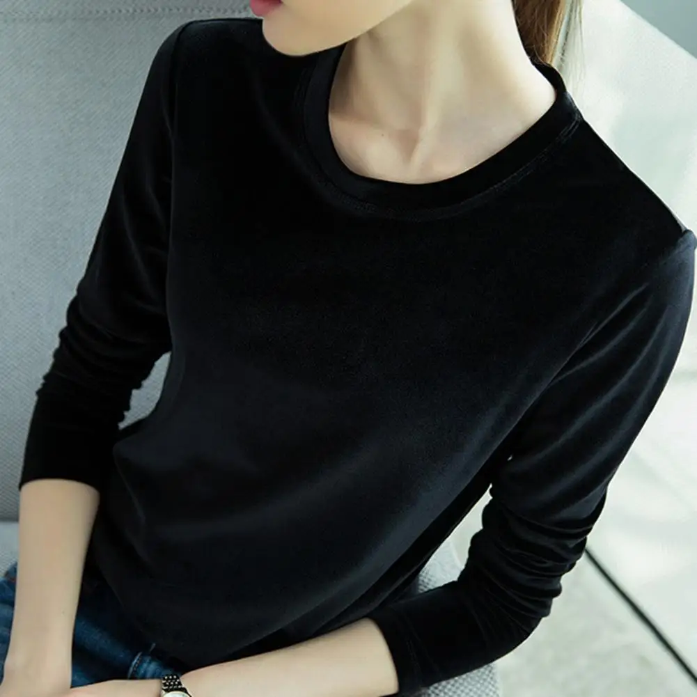 Spring Autumn Women Blouse Solid Color Loose O-Neck Long Sleeve Pullover Top Velvet Bright T-shirt Bottoming Shirt Streetwear