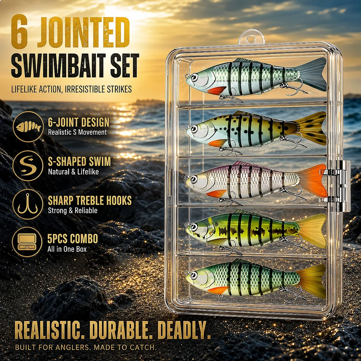 YQCCK 5 Pcs Full Sinking Multi Jointed Swimbaits Artificial Bait Built in Weight Predator Fish Storage Box for Bass