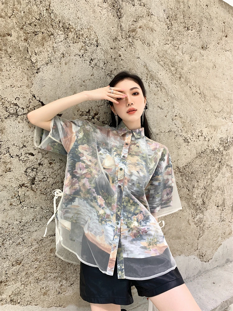 CHEERART Oil Painting Patchwork Organza Floral Short Sleeve Shirt For Women Summer Top Collared Shirt Blouse High Fashin Clothes