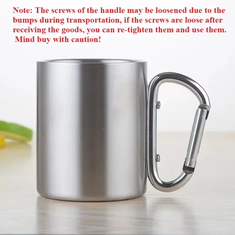 220/300ml Camping Travel Stainless Steel Cup Carabiner Hook Handle Picnic Water Mug Outdoor Travel Hike Cup Portable mug image 2