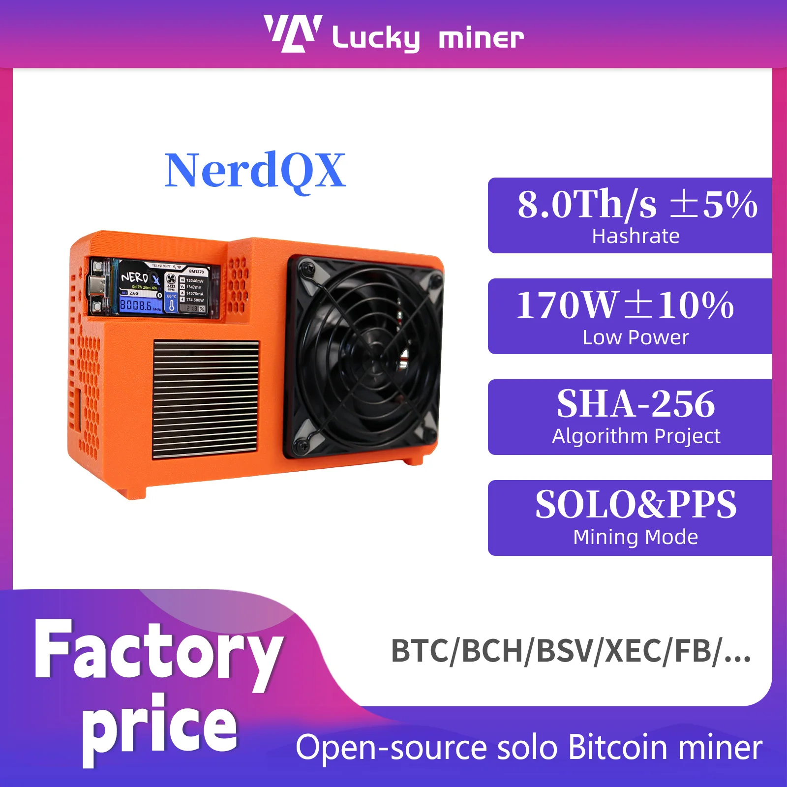 NerdQX 8TH/s Minerador de Bitcoin ASIC BM1370, Equipamento de Mineração Solo de Código Aberto, Baixo Ruído, 180W, Equipamento de Mineração BTC para Casa