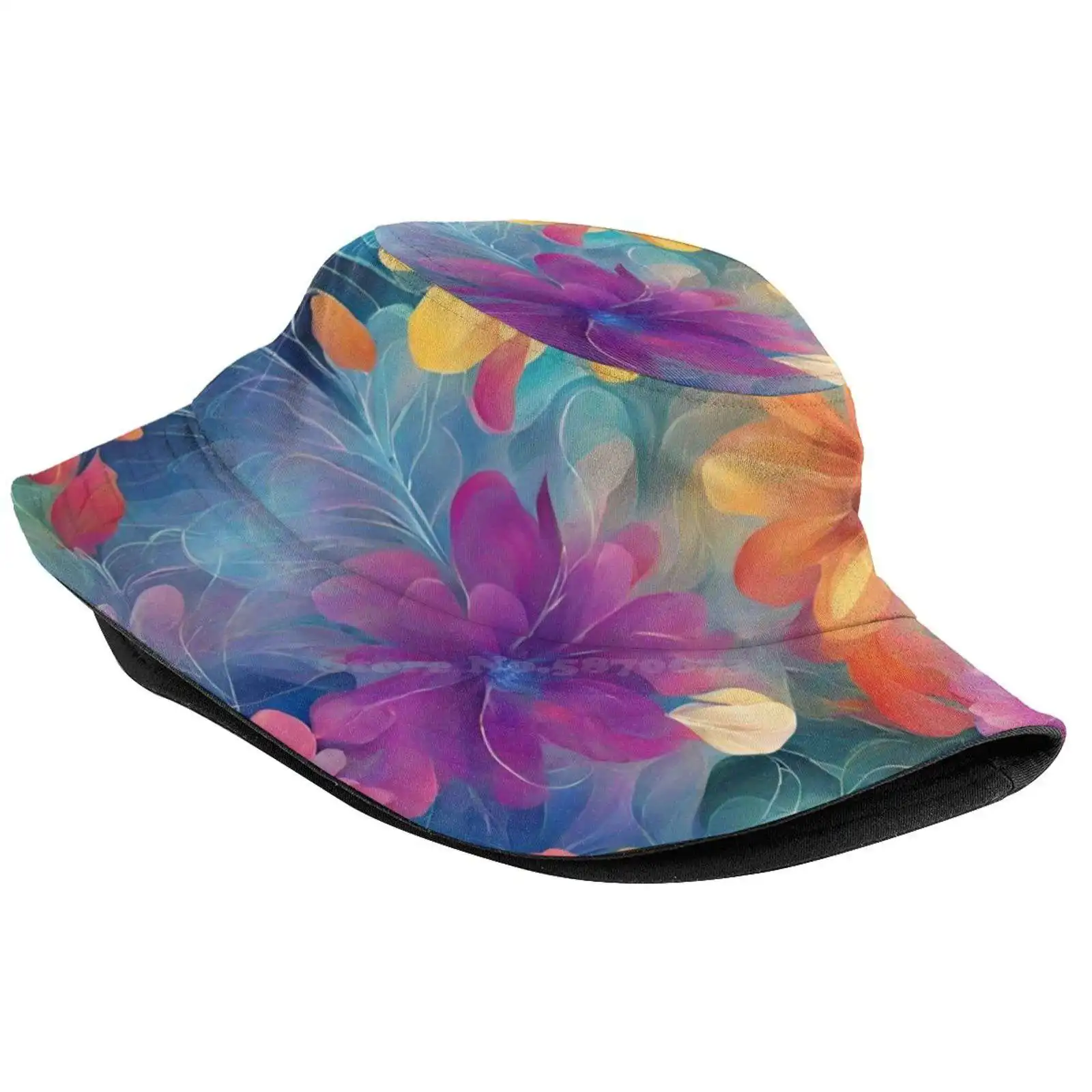 Colourful Abstract Flowers Pattern Sun Cap Fisherman Hat Bucket Hats Abstract Blooms Petals Orange Blue Yellow Purple Green