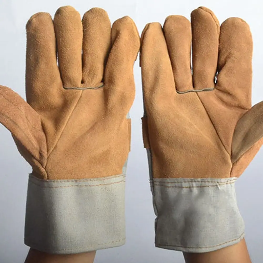 1 Pair Abrasion Resistant Leather Work Gloves Labor Protection Thickened Cowhide Welding Gloves Puncture Resistant Comfortable