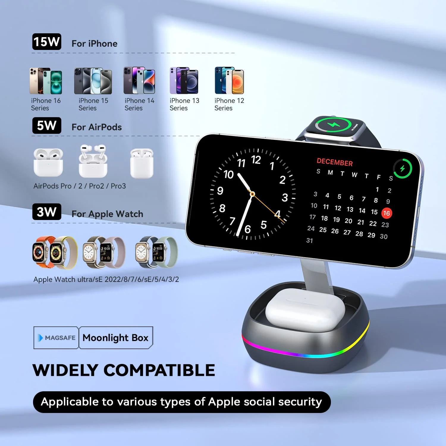 New Design Led Light 3 In 1 Magnetic Wireless Charger Stand Foldable Mini 15w Fast Wireless Desktop Charging Station