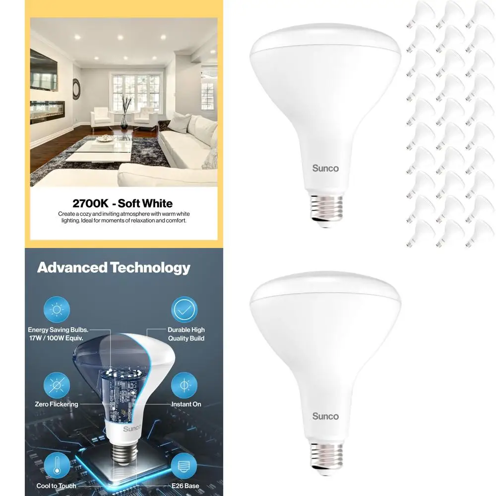 

Набор из 30 светодиодных ламп BR40, 1400 люмен, 17 Вт, теплый белый свет, с регулировкой яркости, цоколь E26, подходят для дома, спальни, кухни, сертифицированы UL.