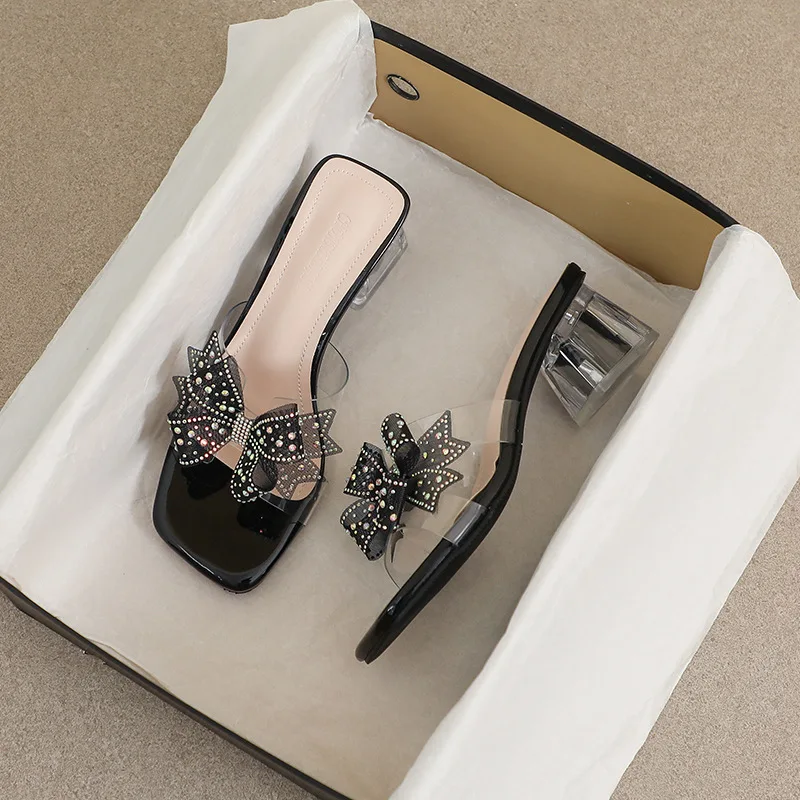 Rhinestone Bow High Heel Slippers Summer 2023 French Style High Grade Crystal  34-40 Small Women's Shoes
