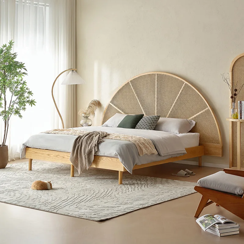 

Rattan bed Japanese solid wood bed, white ash wood 1.8m 1.5m master bed, Nordic double bed, creative vintage furniture