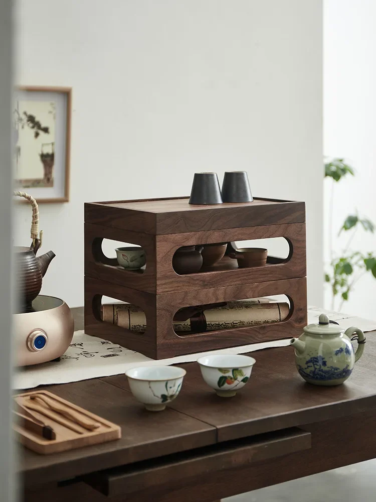Chinese tea set, desktop storage box, black walnut solid wood, double-layer stackable portable