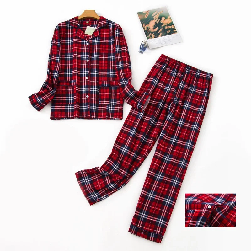 Plus size s-xxxl sleepwear women's pajamas set ladies warm flannel cotton home wear suit autumn winter plaid print pajamas sleep