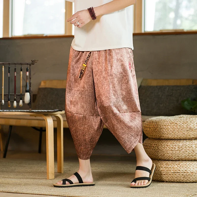 Ice Silk Pants Men Japanese Samurai Shorts Loose Casual Harajuku Men Calf-Lenght Pants Retro Yukata Wide Leg Trousers Streetwear