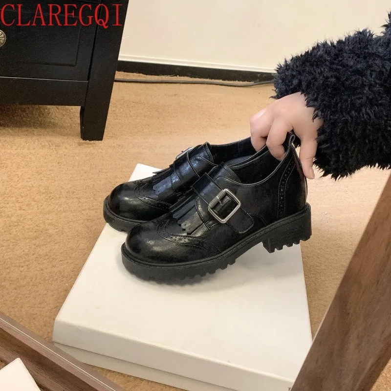 fall shoes for women 2026 Cowhide increases in height within 8cm women shoes casual Block carving brown dress shoesfor women