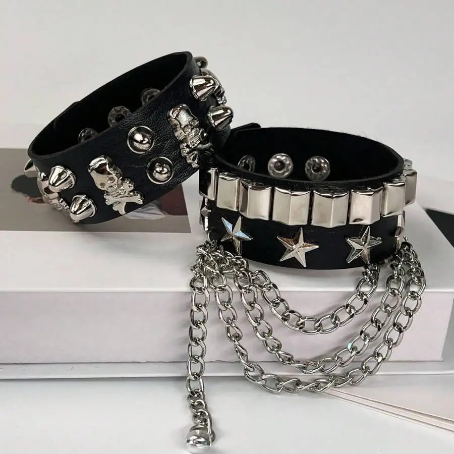 

2pcs Punk PU Leather Bracelet With Rivets Stars And Chain Unisex Hiphop Goth Rock Jewelry