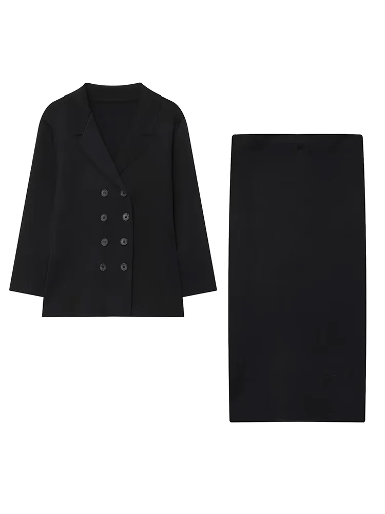 

HH Women Casual Suits V-Neck Double-breasted Long Sleeves Coat+Elastic Waist Split Hem Midi Hip-cover Skirt Solid Skirt Sets