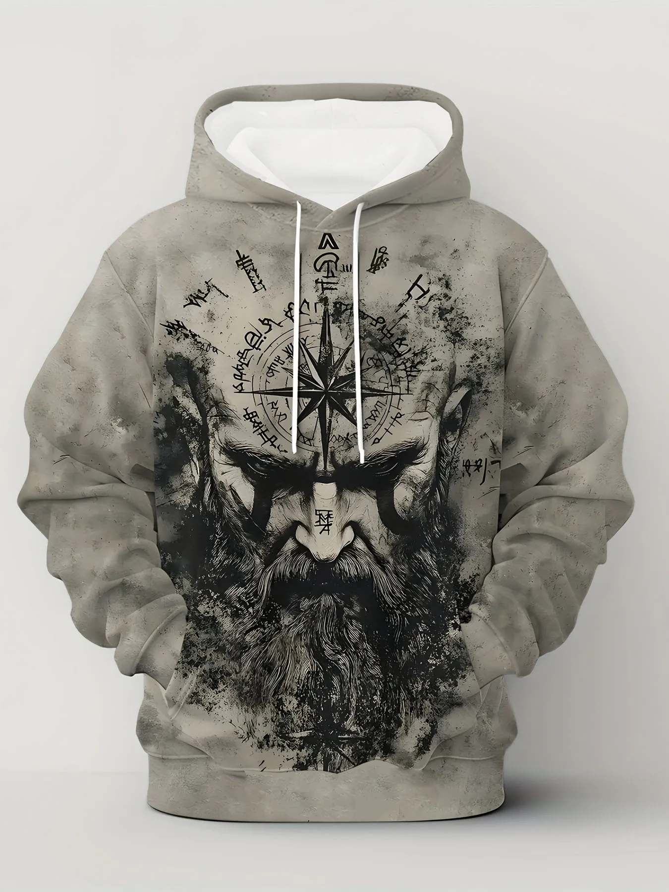 Men’s hooded sweatshirt featuring a Nordic warrior graphic—perfect for daily commutes, trendy casual wear, and stylish looks.