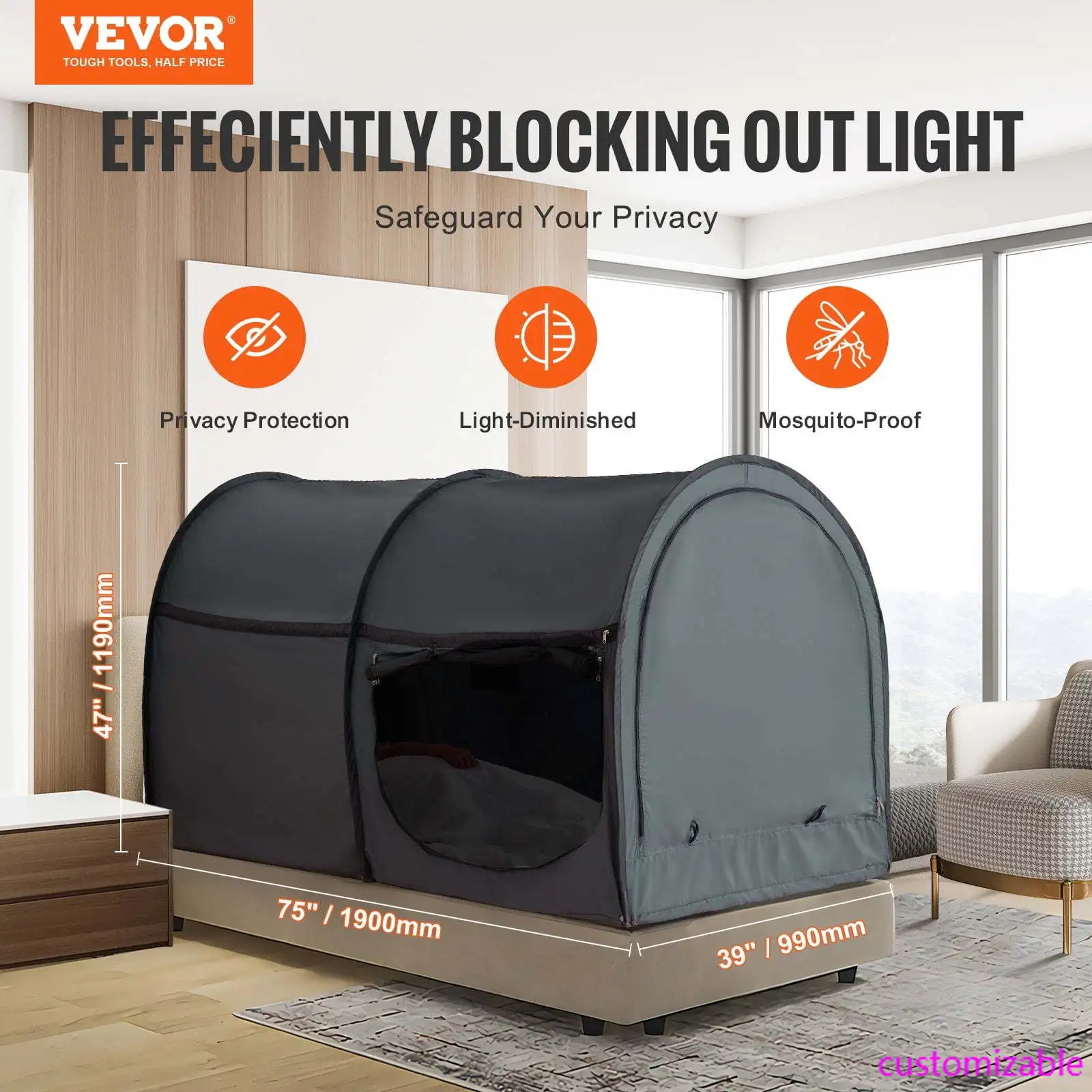 

4 Doors Bed Tent Breathable Tent Light Blackout with 0.28 in Fiber Poles