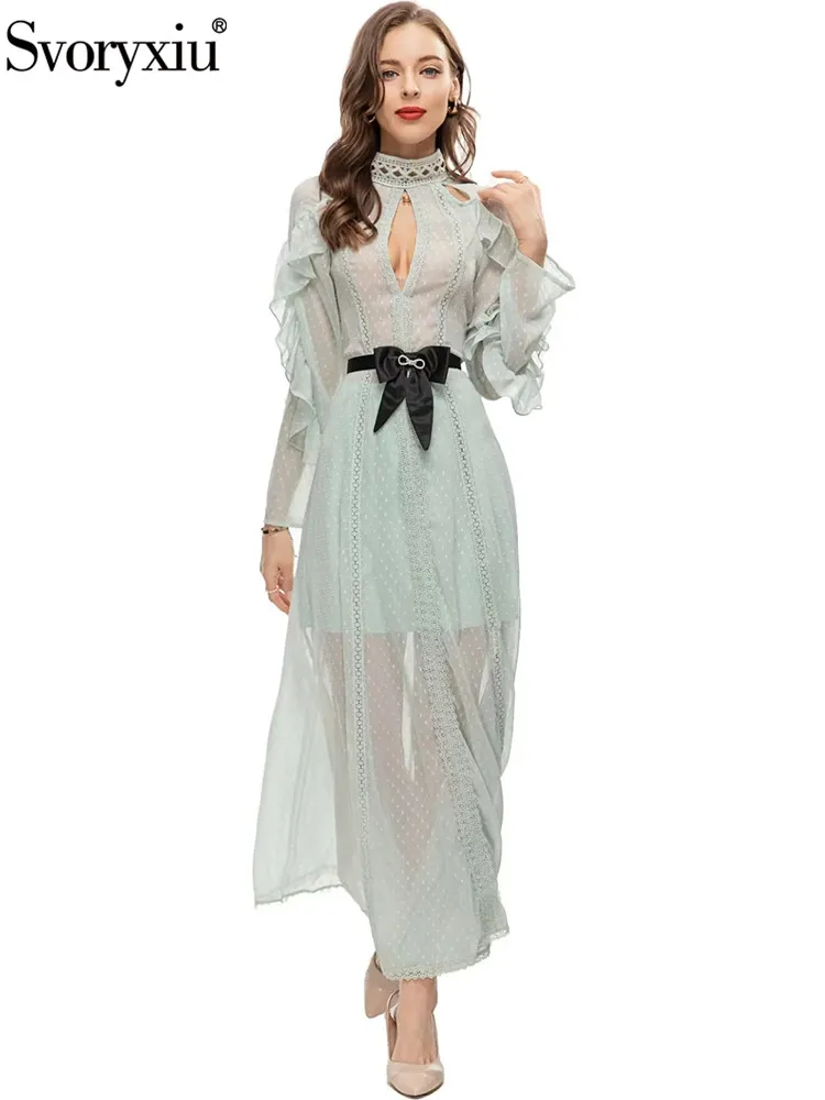 

Svoryxiu Summer Fashion Light Green Gorgeous Long Dress Women's Stand Collar Flounces Long Sleeve Butterfly-knot Belt Slim Dress