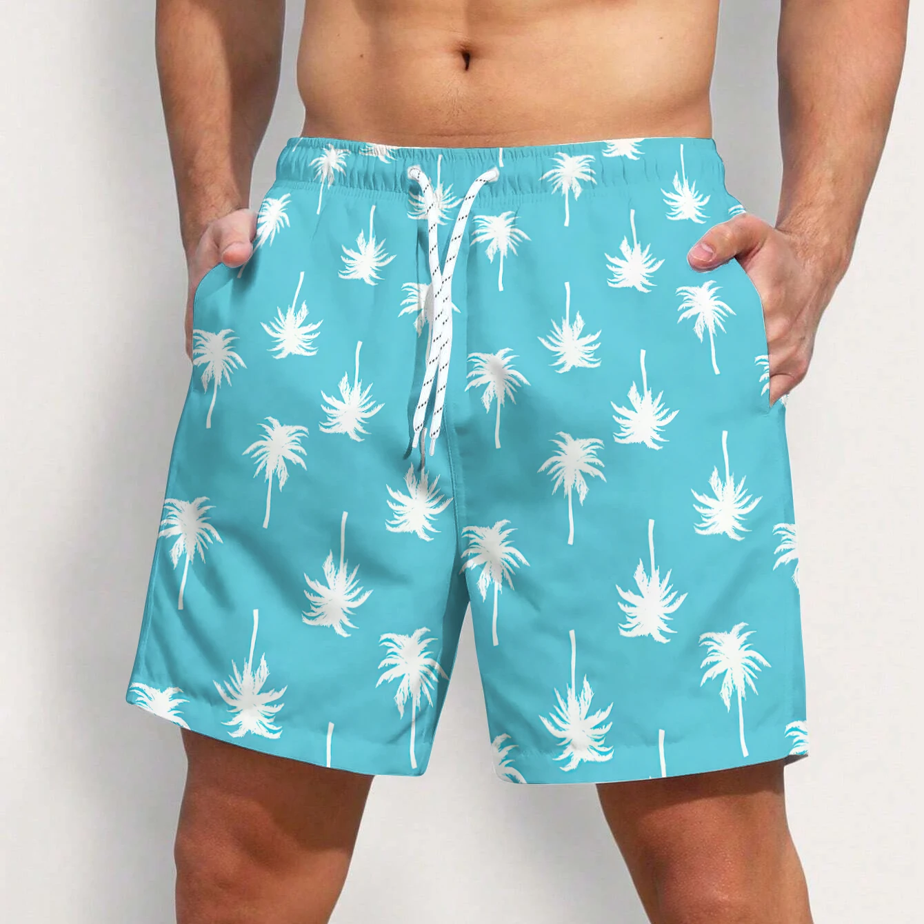 Men\'s Light Blue Palm Beach Shorts 3d Printed Beachwear Coconut Tree Casual Bottoms Quick Dry Gym Sport Shorts Male\'s Loose Pant