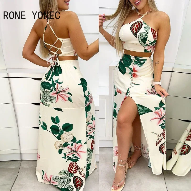 Women Casual Sleeveless Crop Tops Floral Print Halter Lace Up cris cross button high silt Skirt Maxi Vacation Skirt Sets