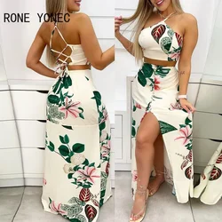 Camisola casual sem mangas feminina, cabeçada estampa floral, com renda cris, saia de seda alta de botão cruzado, conjuntos de férias maxi