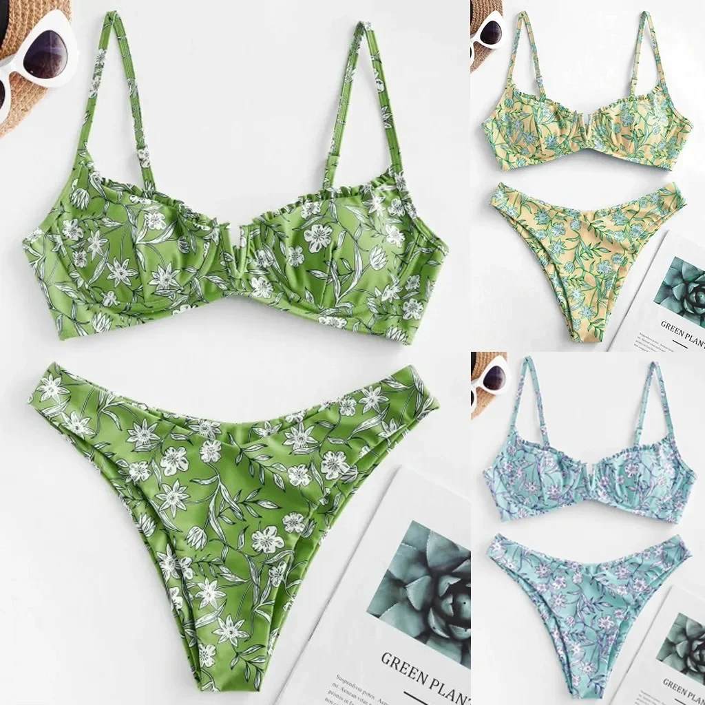 Praia maiôs feminino floral impresso biquinis conjunto push up sutiã dividir tankinis conjunto verão 2 pçs sexy biquinis feminino boho beachwear