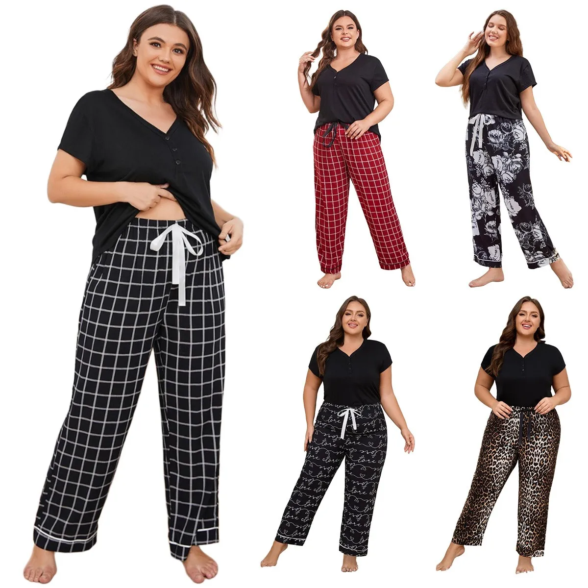 

Summer Women Pajamas V Neck Top Sleepwear Wide Leg Pants Plus Size Sets Loungewear Plaid Print Nightwear Women's 2-piece Sets
