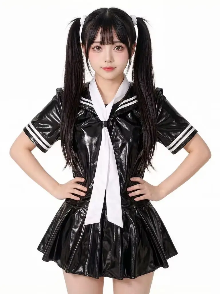 

S-4XL Cosplay Sailor Collar Wet Look PVC Dress Short Sleeve Shiny PU Leather Uniform Dresses A-line Vestido Minifalda Sundress