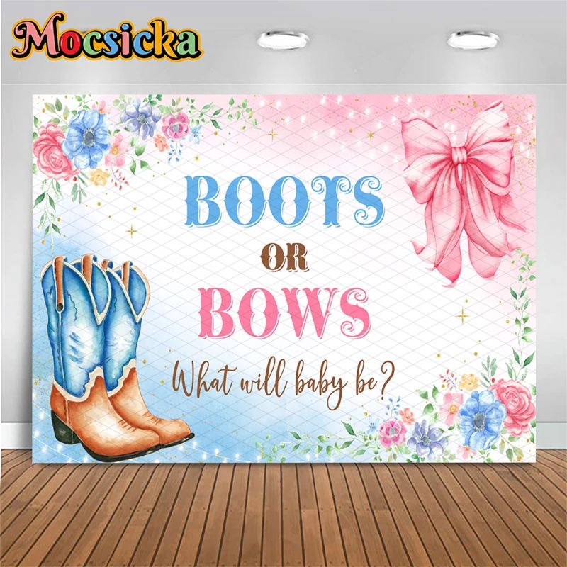 Mocsicka Boots Or Bows Gender Reveal Backdrop Blue Pink Floral Baby Shower Boy Girl Photography Background Party Photo Banner