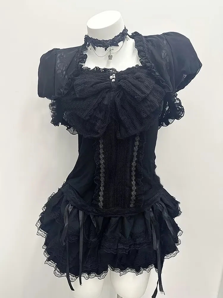 Aesthetic Gothic Lolita Black Lace 3 Piece Skirt Set Women Puff Sleeve Cardigan+Bow Cami Y2K Tops+Cake Mini Skirt Kawaii Outfit