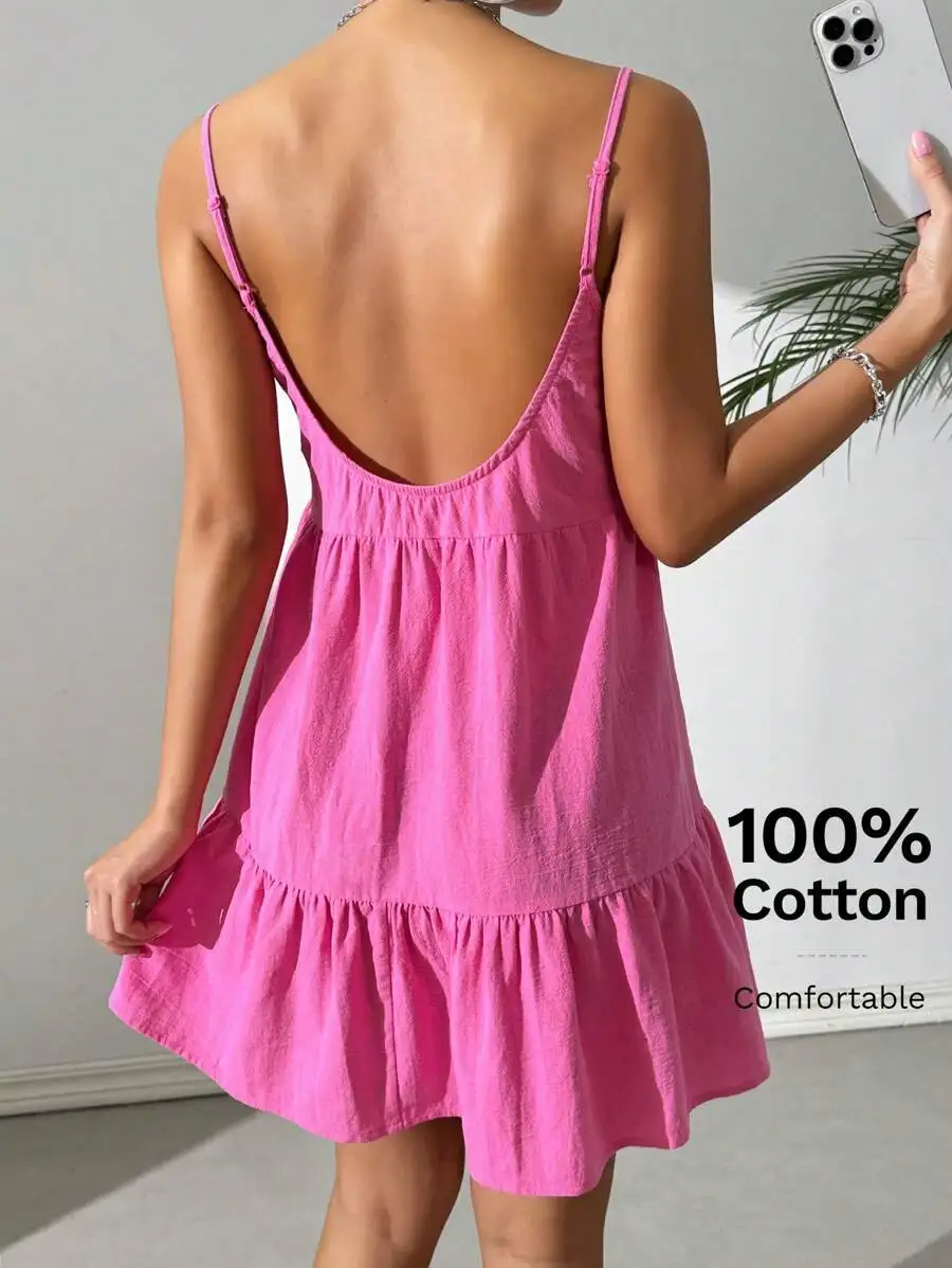 

Pink Backless Camisole Dress with Ruffle Hem, 100% Cotton Summer Mini Dress