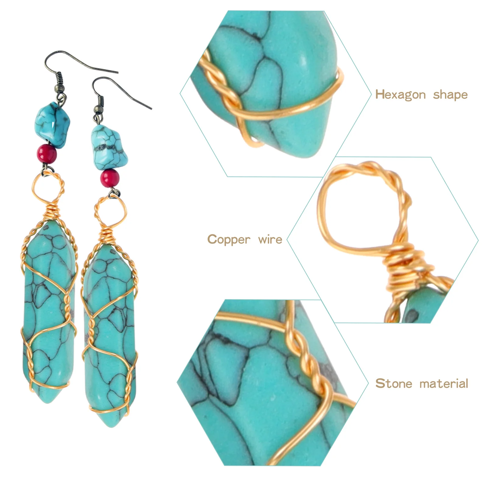 12Pieces Copper Natural Stone Necklace Pendant Hexagon Craft Ornament Charm Decor For Jewelry Making Bracelet Accessories