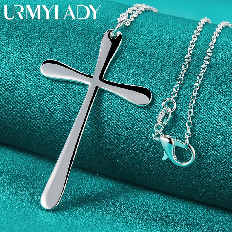 URMYLADY 925 Sterling Silver Flat Cross 16/18/20/22/24/26/28/30 Inch Pendant Necklace For Women Wedding Fashion Jewelry