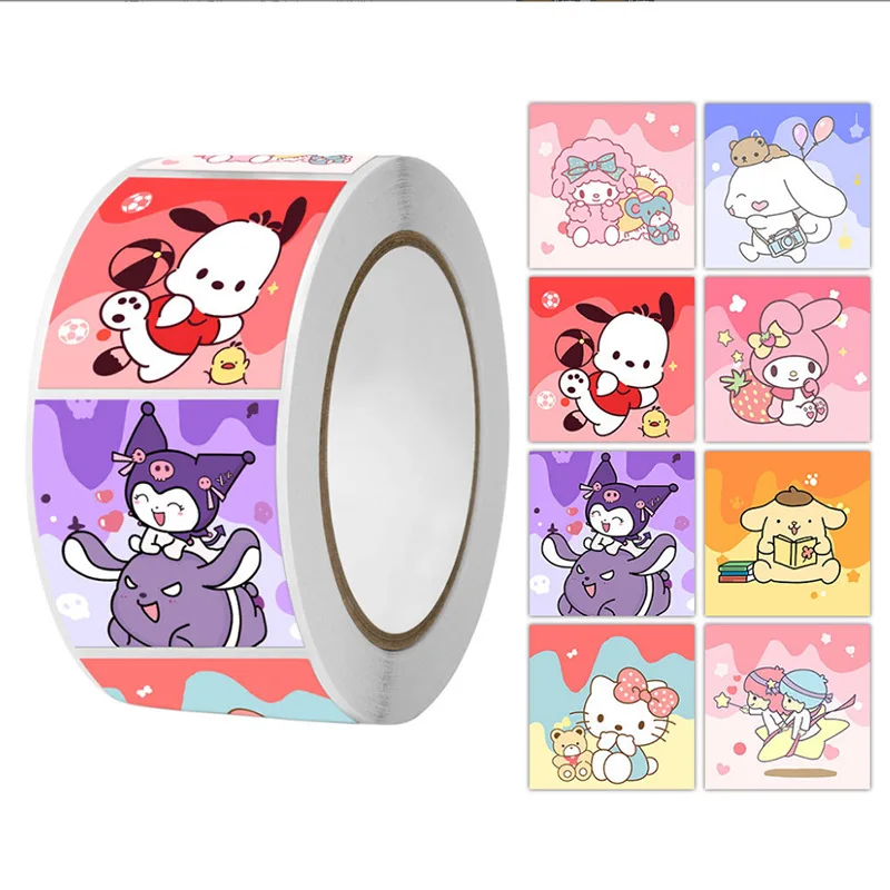 500Pcs/roll Sanrio Sticker Kawaii Hello Kitty Kuromi Melody Cinnamoroll Cartoon Kids Reward Stickers Gift Decoration Decals Toys