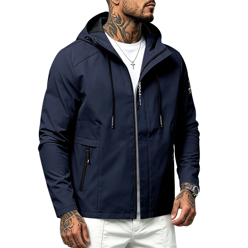 Men's spring and autumn single-zip hoodie casual loose jacket, full-zip outdoor coat with multiple zippered pockets
