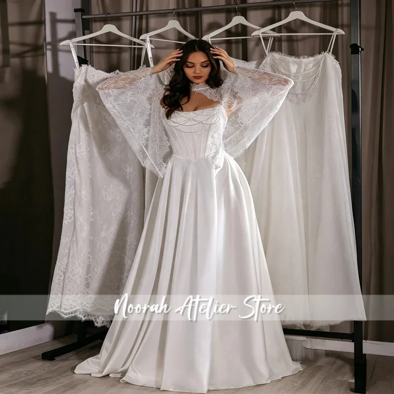 Customizable Boat Neckline With Long Sleeves Cloak Satin A-Line Wedding Dress Elegant Lace-up Back Floor Length Sweep Train Gown