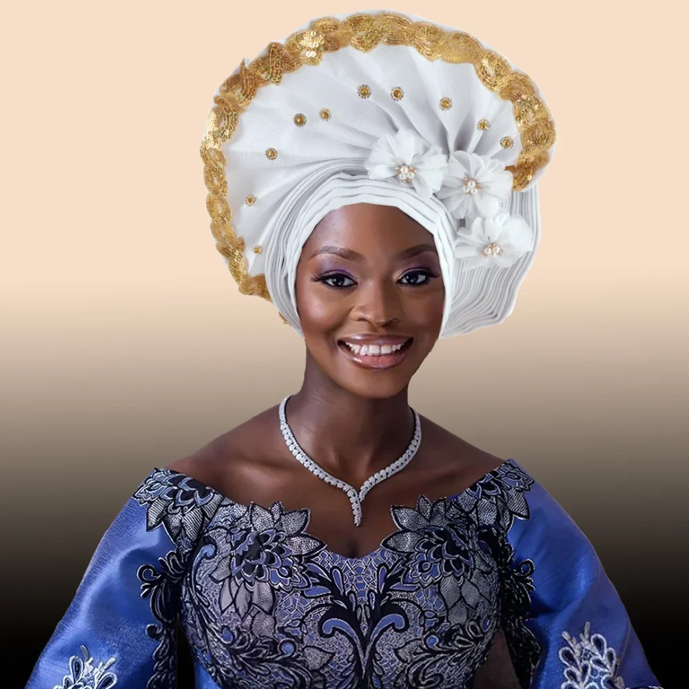 

Nigerian Wedding Geles African Headtie Auto Gele Turbans for Women Aso Oke Fabric Muslim Headwear Headpiece Female Head Wraps
