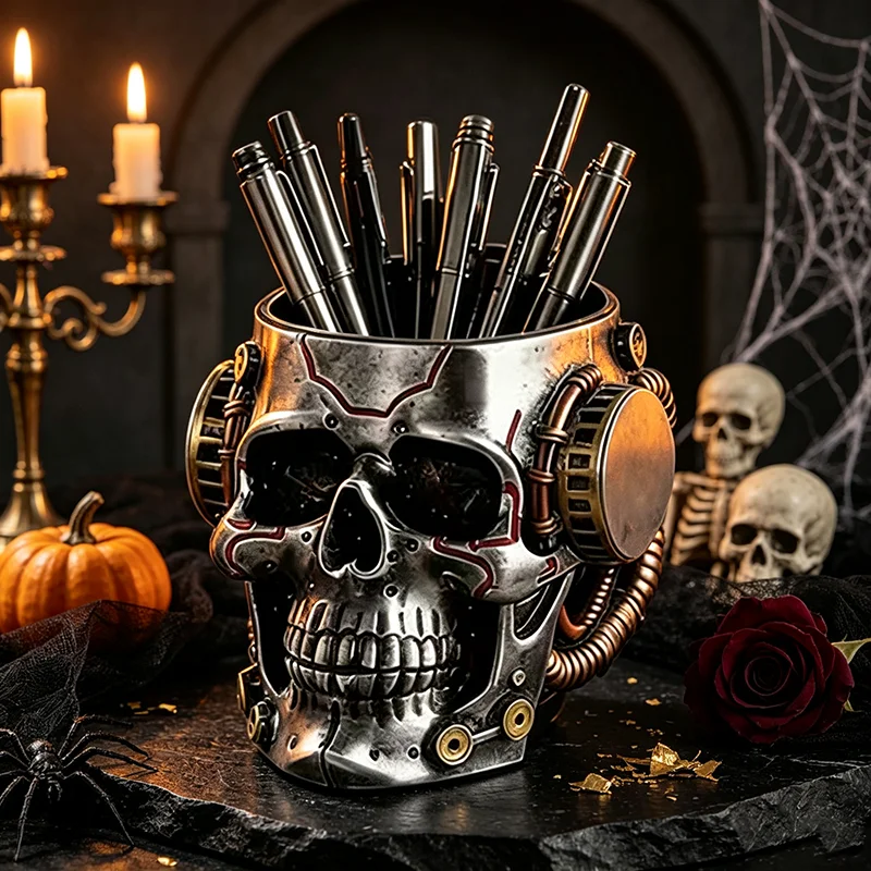 2026 New Halloween Creative Mechanical Skull Pen Holder Resin Desktop Storage Ornament Office Home Decor Spooky Gift for Friends