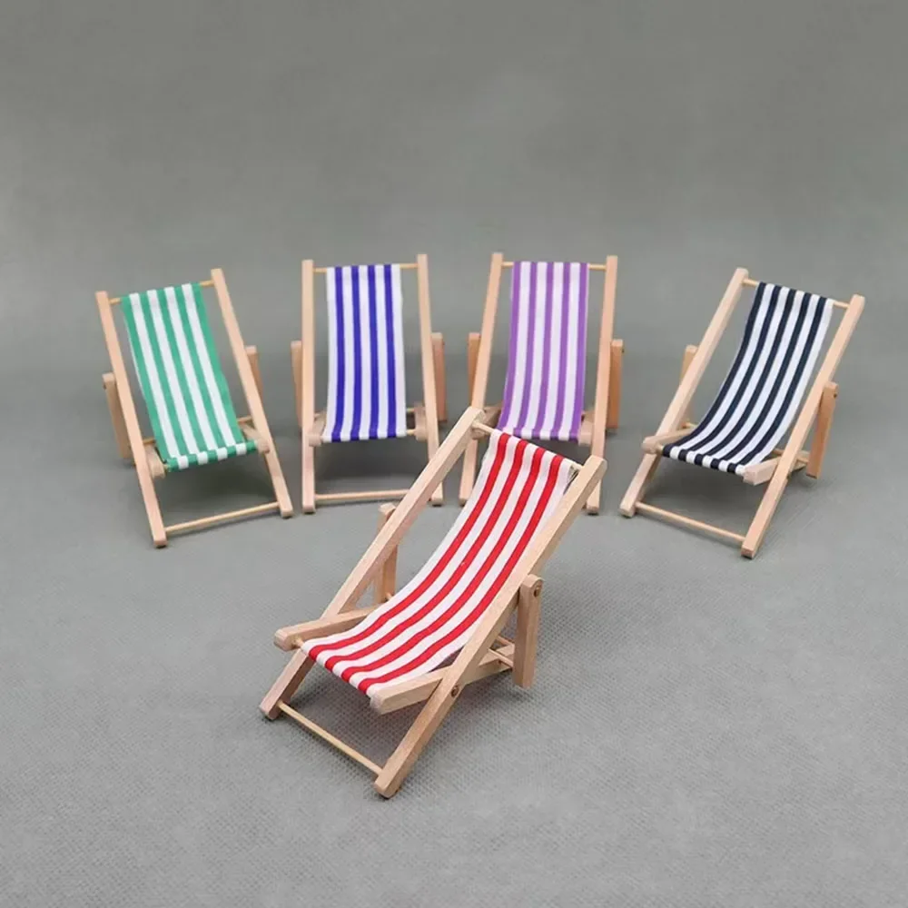 1PC Striped Wooden Lounge Chair DIY Foldable Deckchair Lounge Miniature For Dolls Beach Chair Toy 1:12 Dollhouse Furniture Decor