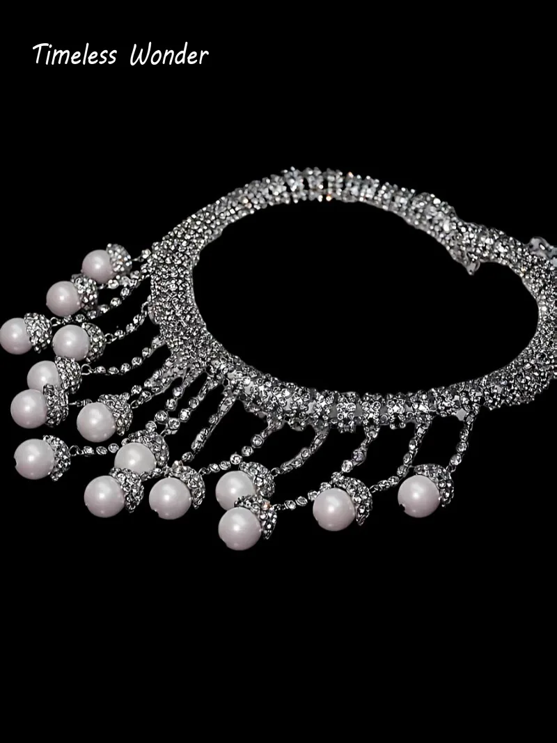 Timeless Wonder Fancy Zircon Glass Pearl Tassel Necklace Women Designer Jewelry Runway Trendy Vintage Classy Rare 4526