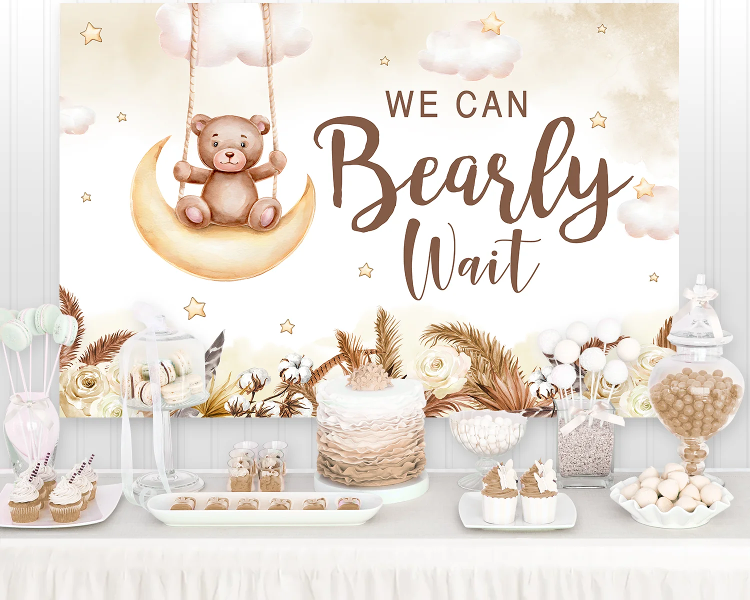 We Can Bearly Wait Backdrop Boho Bear Baby Shower Decorations for Boys Photography Backgrounds Newborn Photo Shoot Decoration