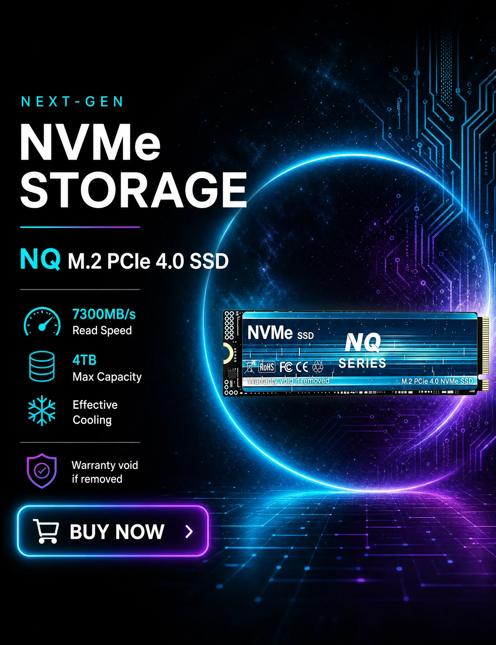 NQ NVMe M.2 SSD 2TB 4TB PCIe 4.0 Interface 7300MB/s Transfer Rate Internal Gaming Solid State Drive for Laptop PC System Upgrade