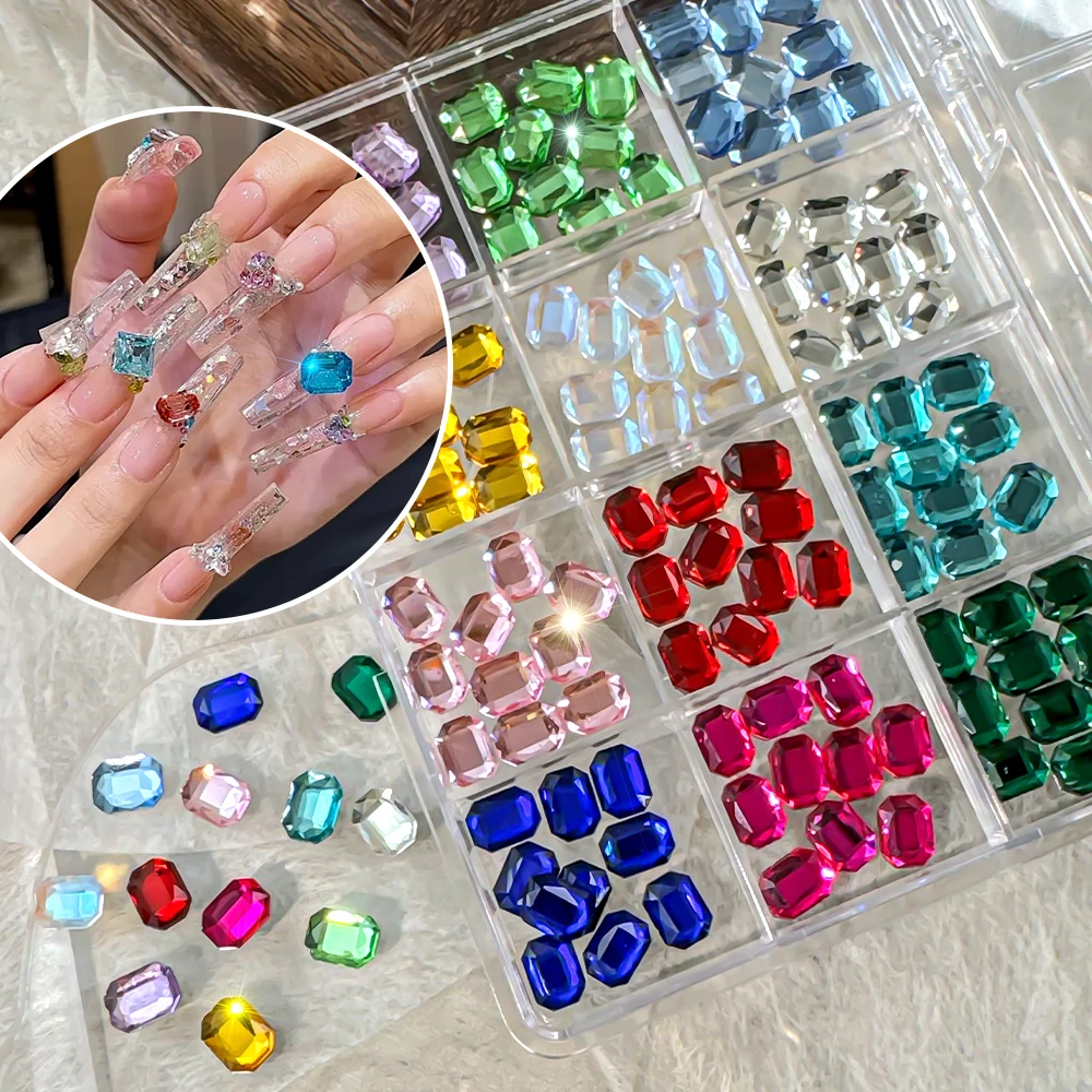 120Pcs/box Flat Rectangular Octagonal Nail Rhinestones Colorful Crystal Glass Diamond Nail Gems Ultra-Bright Nail Art Supplies