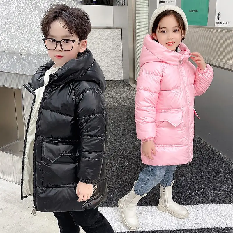 

2023 Winter Boys Girls Jacket Solid Color Mid-Length Keep Warm Cold Protection Hooded Down Cotton Windbreaker Coats For 4-12Yrs